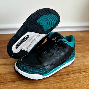 Nike Air Jordan 3 Retro Kids Size 10 Leather Black Teal Sneakers 654964-018
